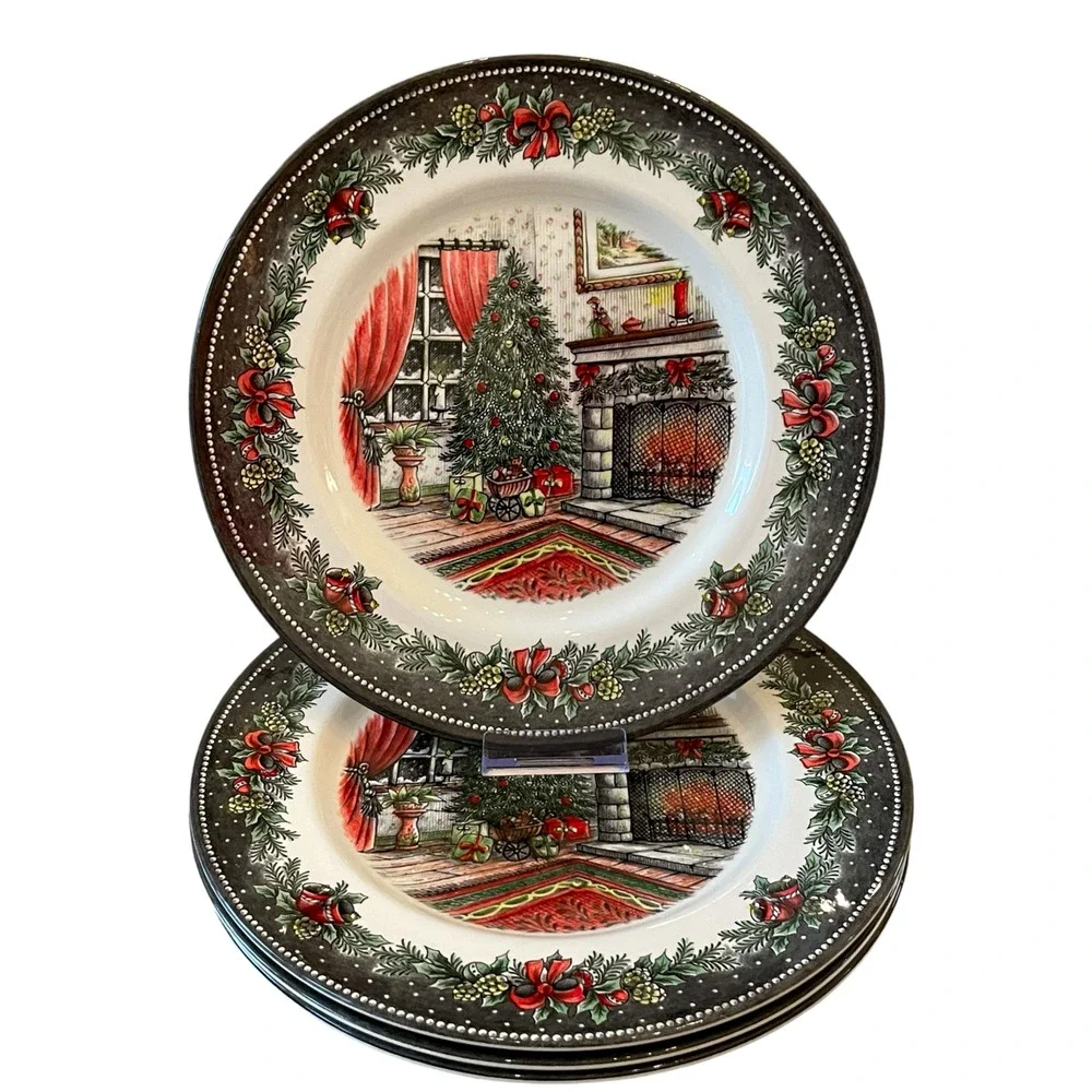 Royal Stafford CHRISTMAS MORNING 11in Dinner Plate Set of 4 Holiday Porcelain